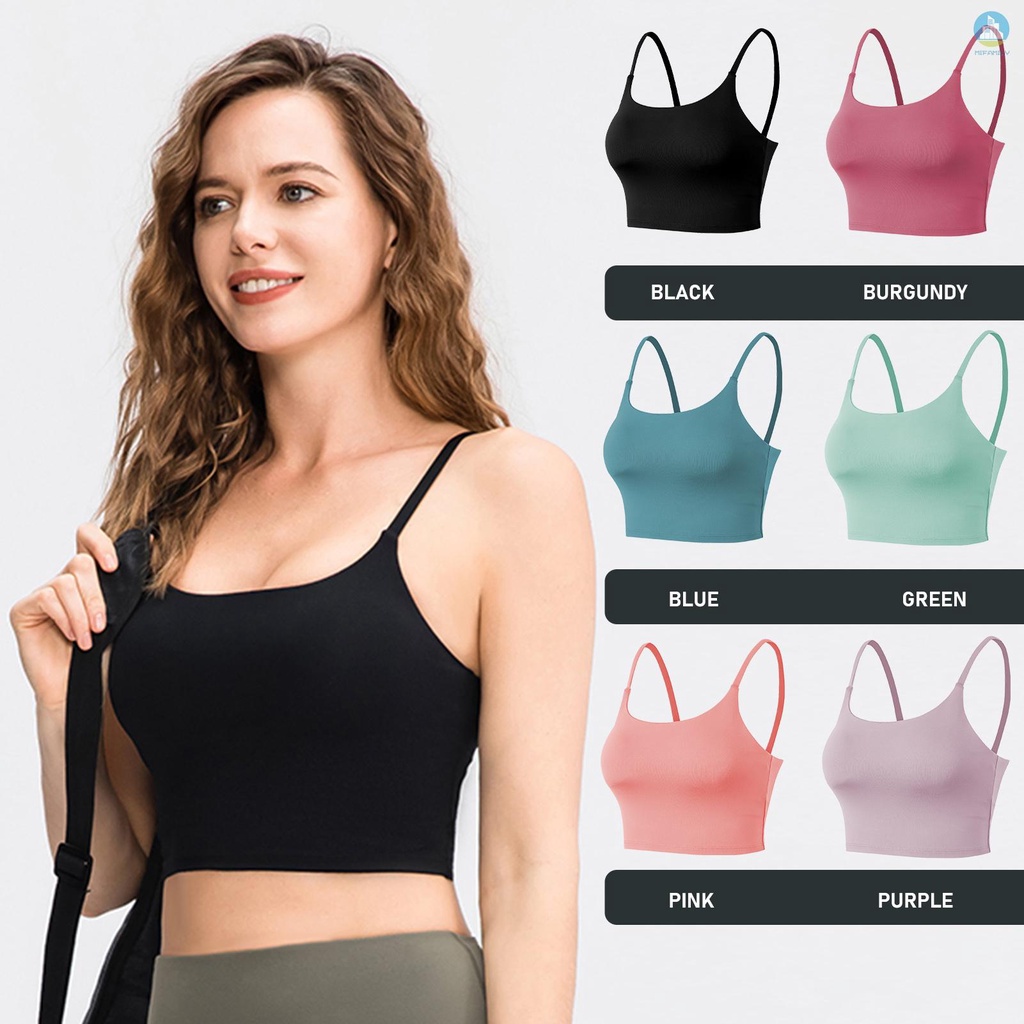 New Women Sports Bra Spaghetti Removable Padded Wireless Stretchy Breathable Cami Yoga Training Running Athletic Cropped Tank Top
