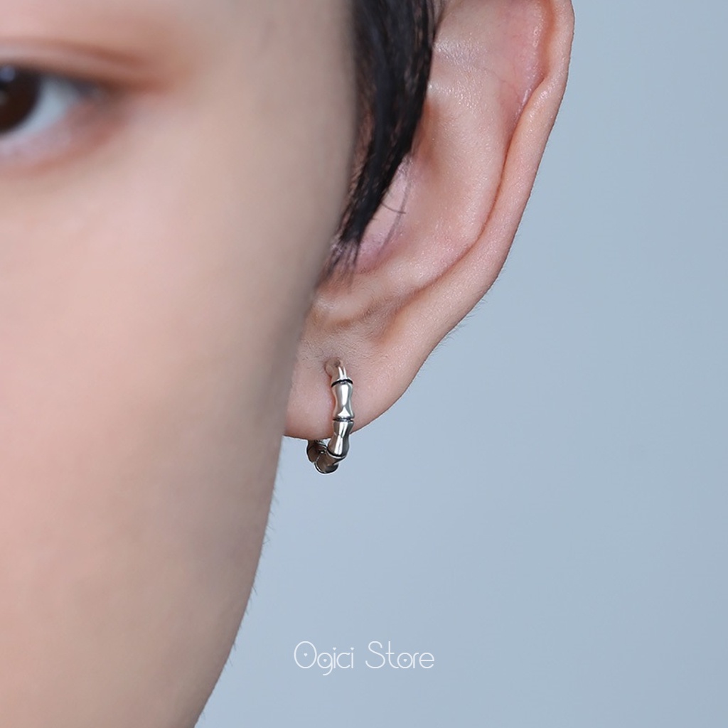 Bông tai nam nữ titan không gỉ, Khuyên tai nam dáng tròn thiết kế hình đốt tre độc đáo, Cá tính, Unisex, 1 chiếc