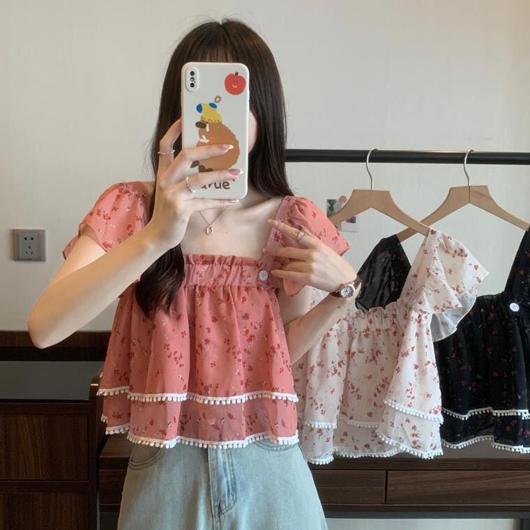 Áo Sơ Mi Tay Ngắn Cổ Vuông In Họa Tiết Hoa Phong Cách Phương Tây Thời Trang Mùa Hè 2022 Mới