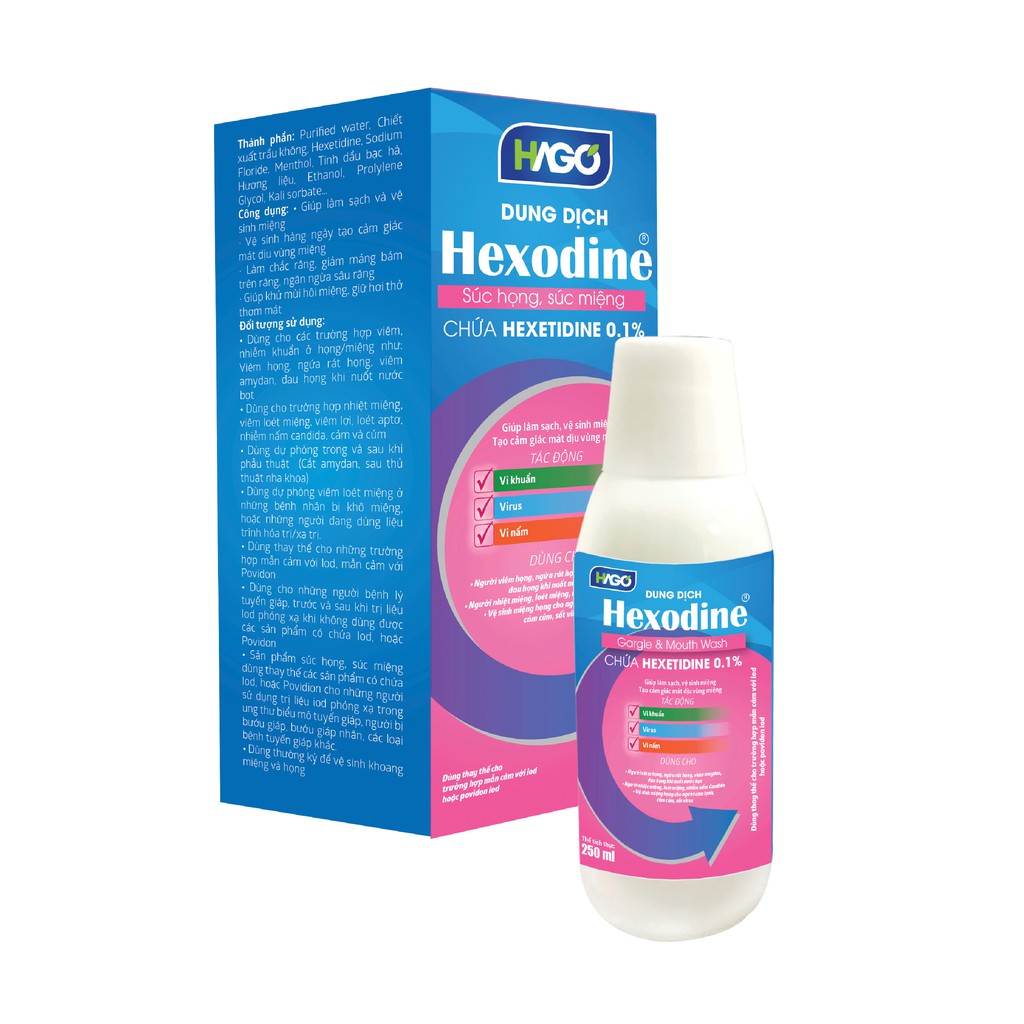 Nước Súc Miệng Súc Họng HEXODINE HAGO Làm Sạch Và Ngừa Sâu Răng 250ml - Chính hãng
