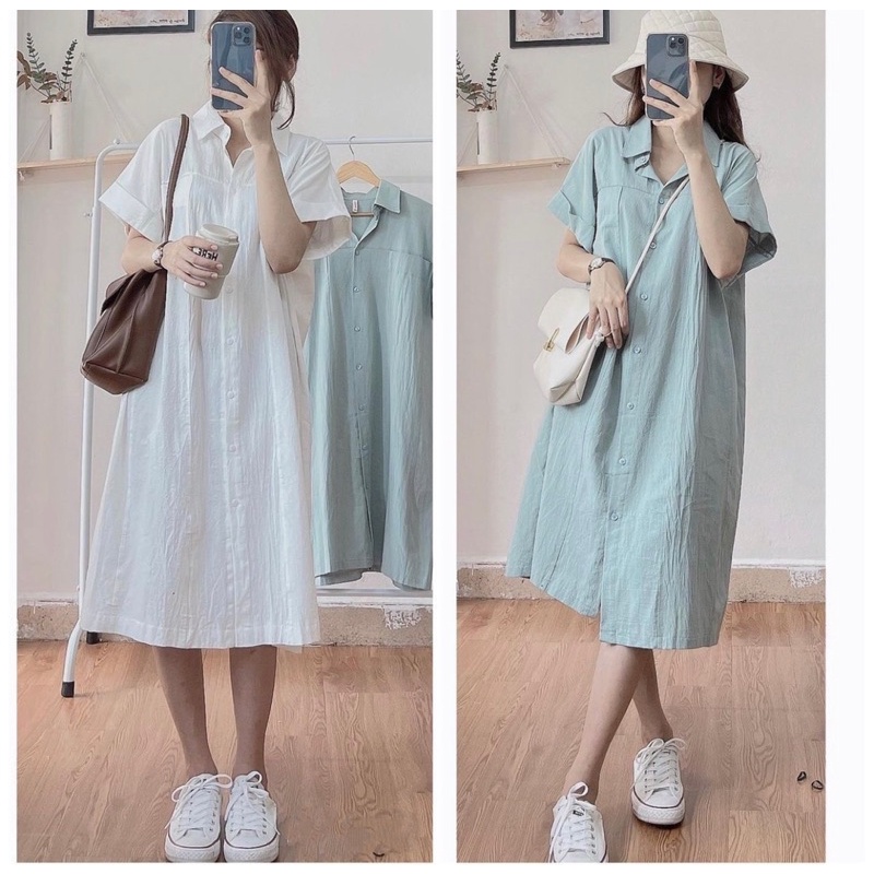 Váy sơ mi cổ bẻ tay rộng cánh dơi dáng suông basic siêu dễ mặc