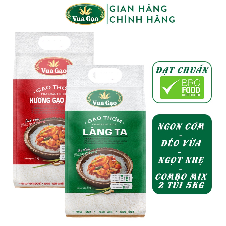 [MUA 3 TẶNG 25K] Combo Gạo Hương Việt + Gạo Thơm Làng Ta - Chính Hãng Vua Gạo - Túi 5kg (Cam kết date mới)