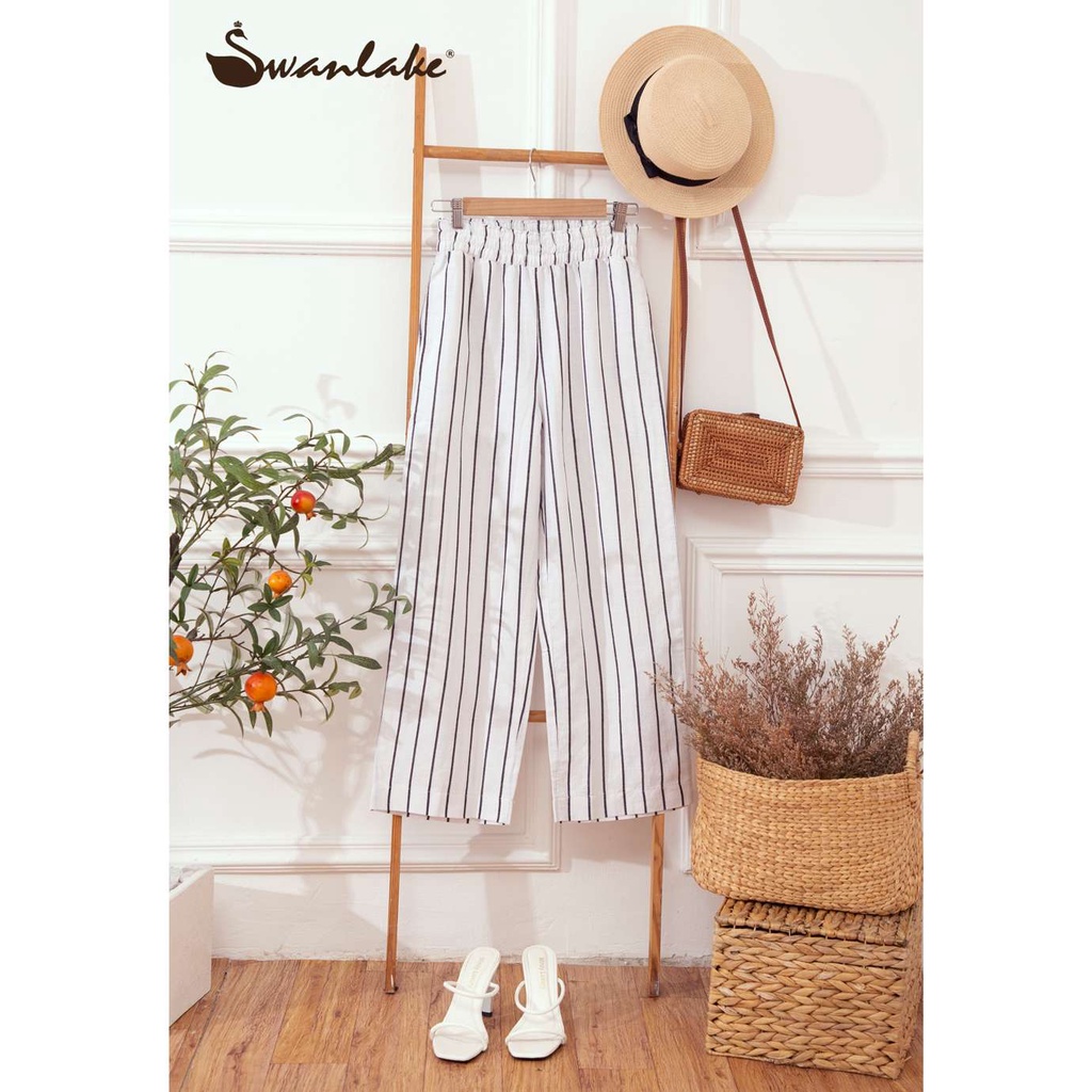 [Siêu Sale] [Chính hãng] Quần Tây Nữ Ống Rộng Lưng Thun Linen Swanlake Màu Đen, Nâu Kem, Sọc Trắng, Sọc Nâu Kem Q09777LW