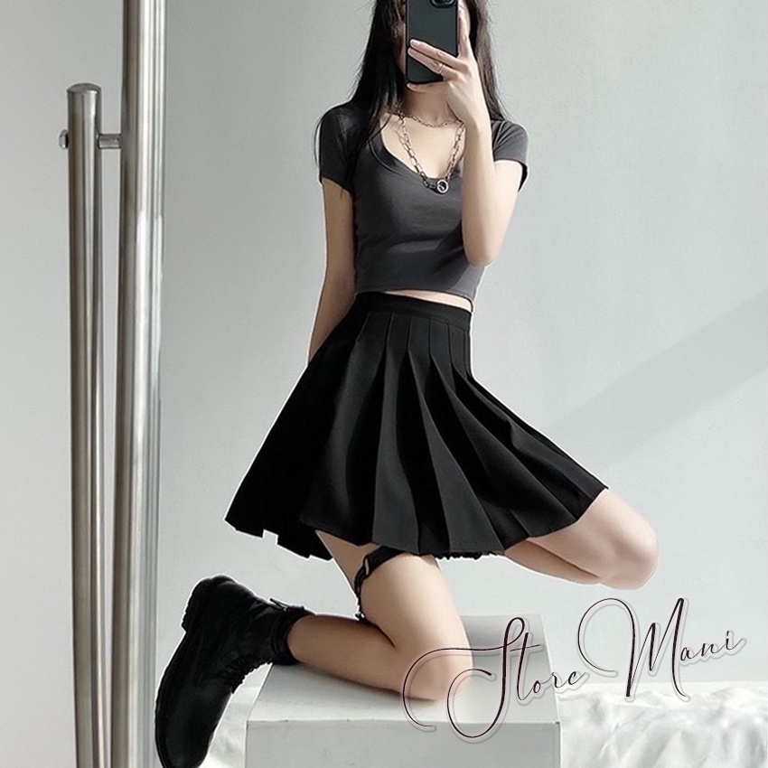 Chân váy xếp ly chân váy tennis xoè có lót trong chất tuyết mưa cạp lưng cao màu đen nâu trắng kem mặc đi chơi học làm