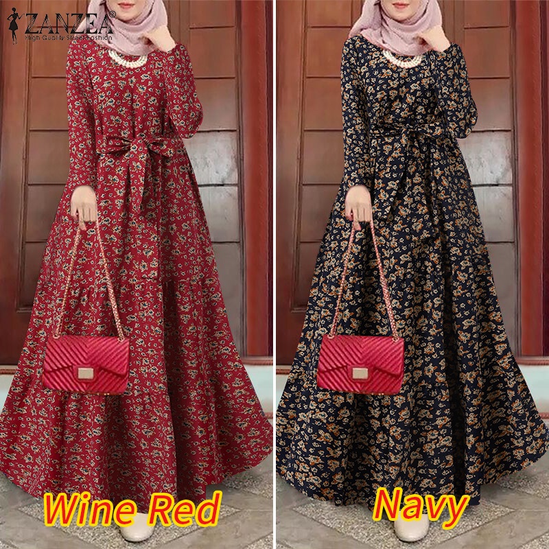 Đầm maxi ZANZEA cổ tròn tay dài họa tiết hoa thời trang cá tính cho nữ