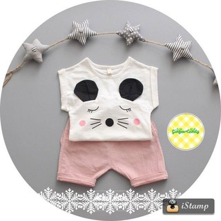 Set áo trắng cộc tay quần cộc chuột hồng