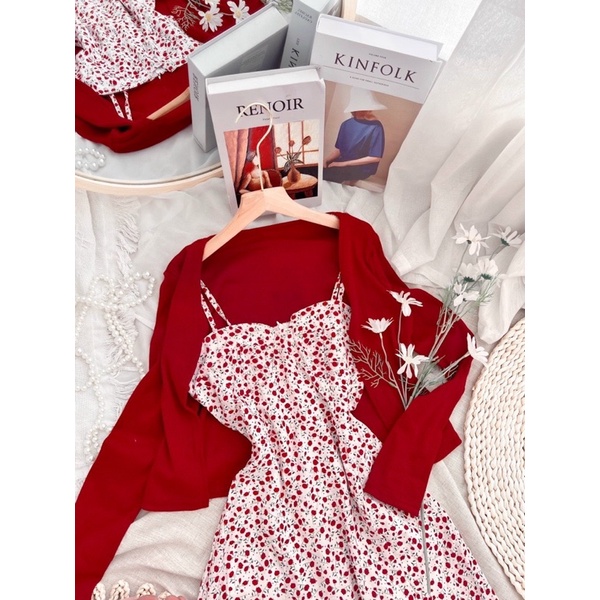 Set Đầm hoa 2 dây áo khoác len đỏ thanh lịch dễ thương