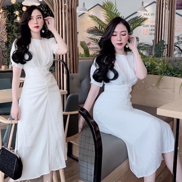 Đầm dự tiệc trắng nhíu eo tay phồng