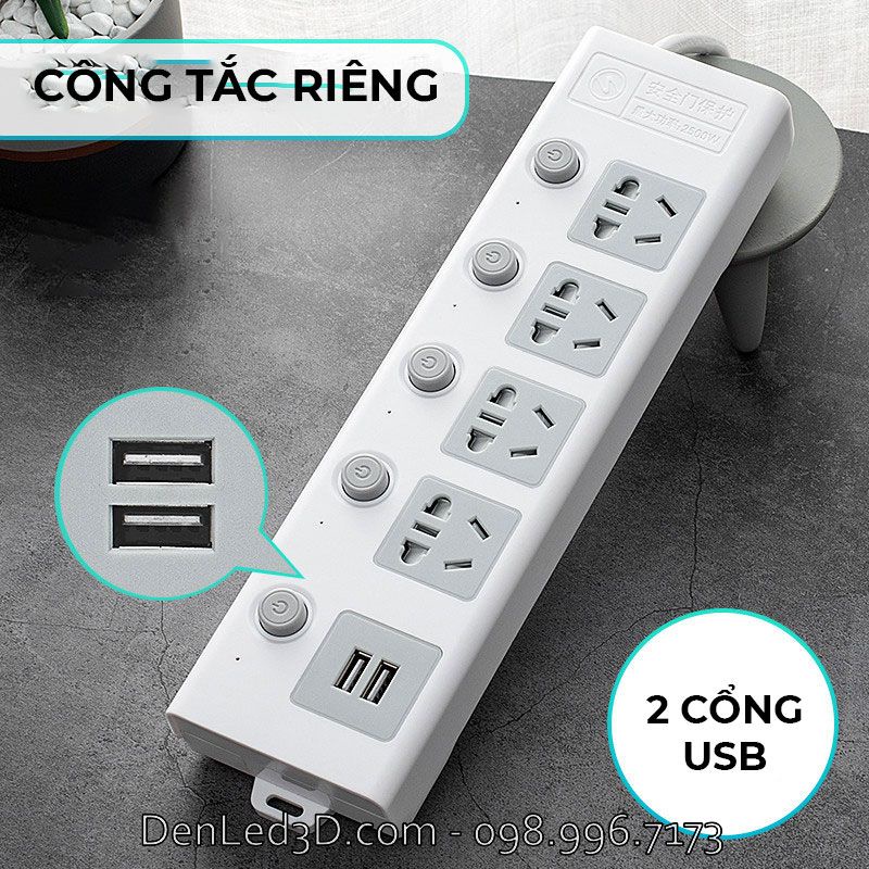 Ổ Cắm Điện D123 Kèm Cổng USB Công Tắc Riêng Chịu Tải 2500W, Chống Giật, Chống Cháy 750 độ