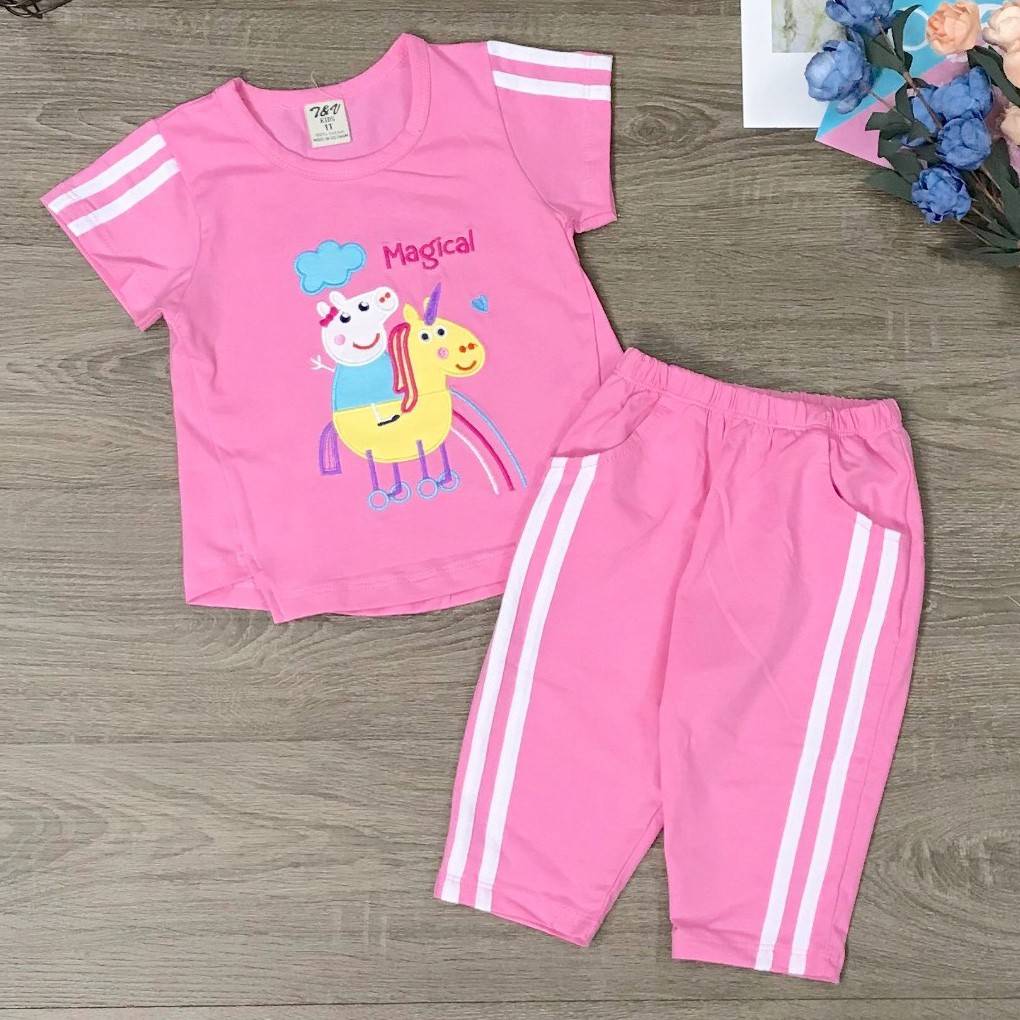 Bộ thun bé gái in heo peppa và ngựa sừng quần sọc 10-36kg