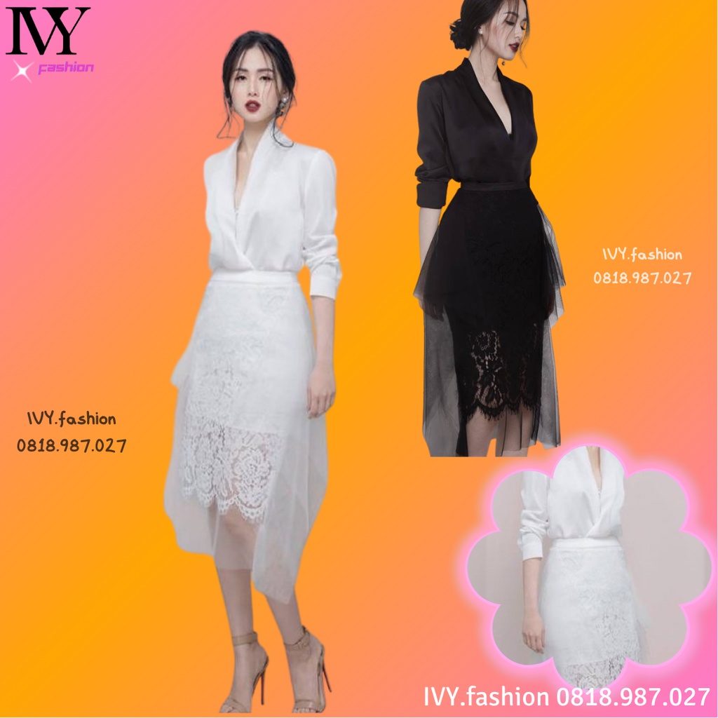 Set áo đầm váy 🔥phi mờ ren lưới mềm🔥 đen trắng tay dài cổ V công sở đi biển dự tiệc dạo phố bigsize cao cấp