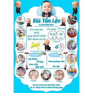 Bảng thành tích bảng thông tin hoặc bảng ảnh 12 tháng - Trang trí sinh nhật thôi nôi bé trai bé gái in hình bé