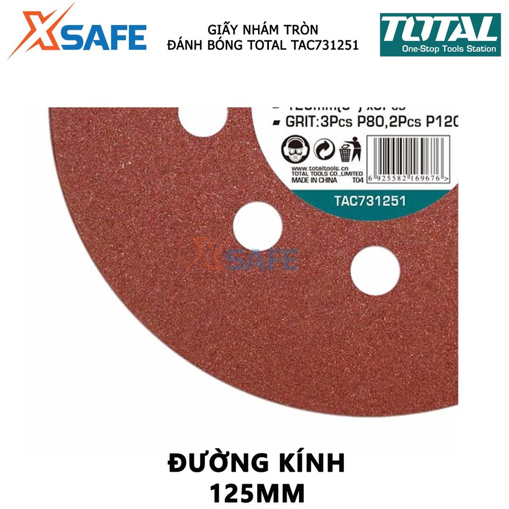 Giấy nhám tròn TOTAL TAC731251 | giấy chà nhám đường kính 125mm gồm 3 cái P80 và 2 cái P120 (5 cái / bộ)  xử lý