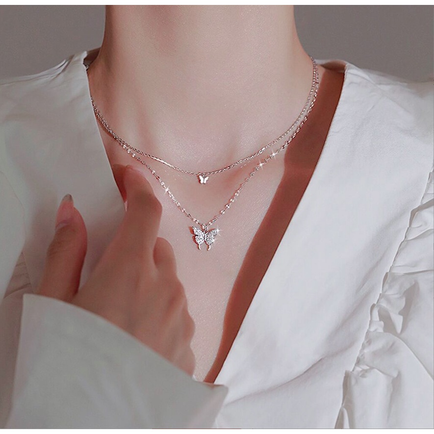 Vòng cổ dây chuyền nữ choker 2 lớp cánh bướm đính đá zircon phong cách hàn quốc cool ngầu cá tính tặng hộp