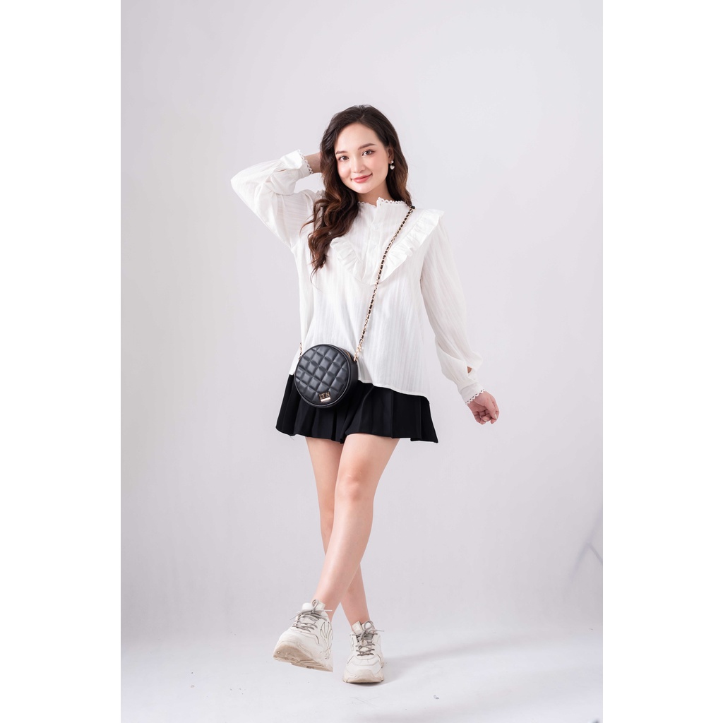 Áo sơ mi nữ trắng cổ bèo viền tay xinh xắn Juka Shop