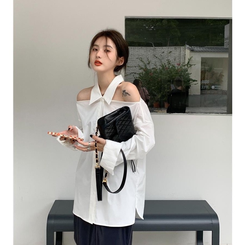 Áo Sơ Mi Trắng Dài Tay Hở Vai Phong Cách Mới Mùa Hè Cho Nữ