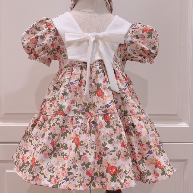 Váy đầm thiết kế cho bé gái từ 3 tháng tuổi (6-30kg) chất thô mềm mịn mát tay bồng nơ ngực kèm turban
