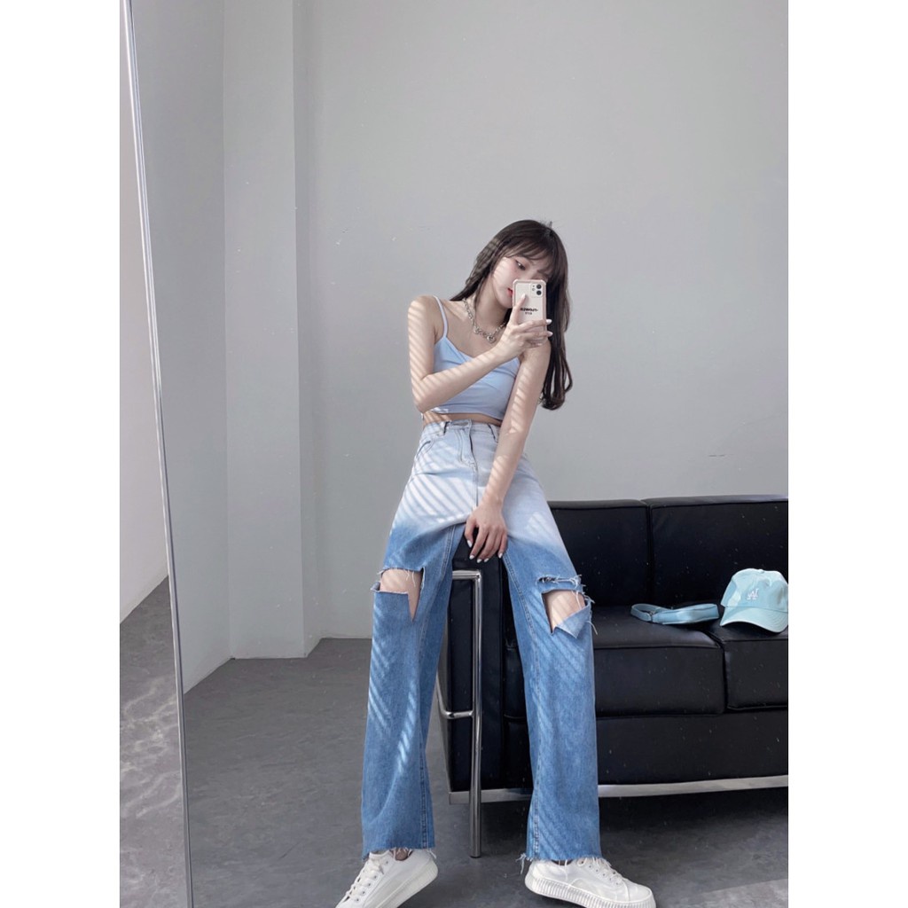 QUẦN JEAN ỐNG RỘNG NỮ LOANG MÀU XANH ĐẬM RÁCH 2 VẠT 1 SỌC LƯNG SIÊU CAO FORM SIÊU ĐẸP VẢI MỀM