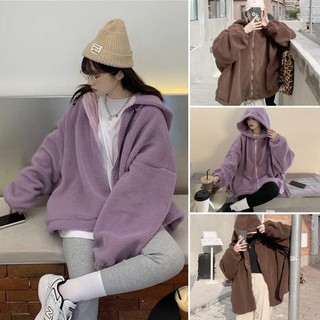 Áo khoác GẤU LÔNG trơn ulzzang đôi nam nữ unisex form rộng dây kéo zip dày giá rẻ đẹp
