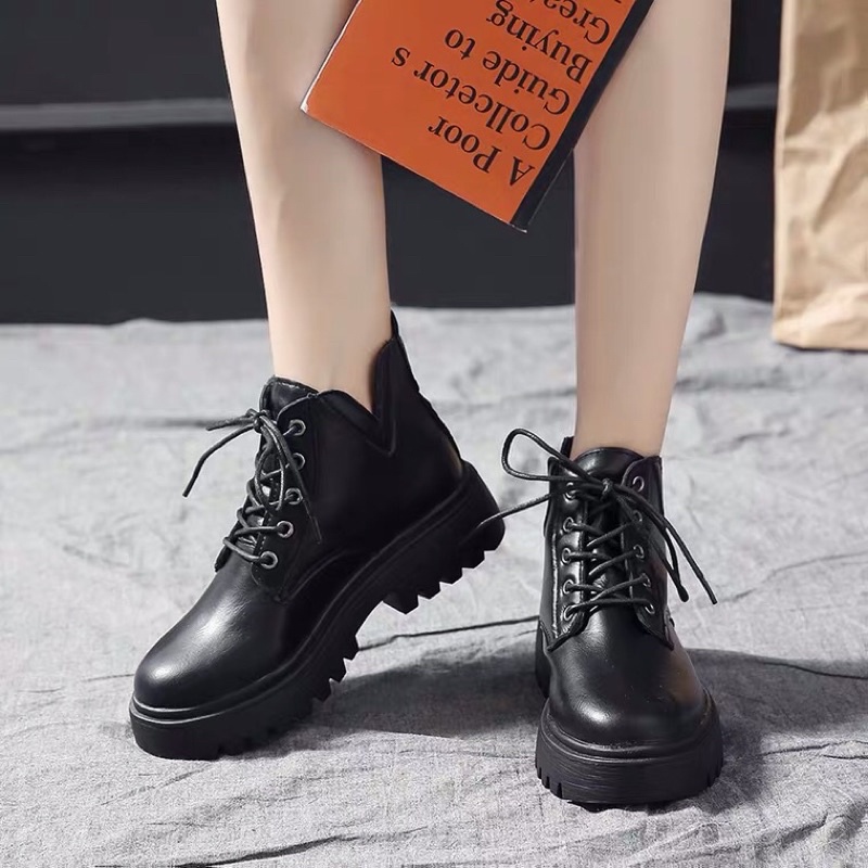 Giày Bốt Boots Martin Nữ Cổ Thấp Đế Cao 4 Phân Siêu Nhẹ Cột Dây Màu Đen Trắng Kem Ulzzang Hàn Quốc Cá Tính