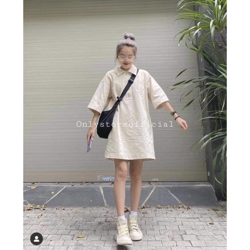 [ẢNH THẬT] Váy Polo Kaki thun co giãn FREESHIP Váy Polo dáng rộng dáng suông màu be freesize 60kg