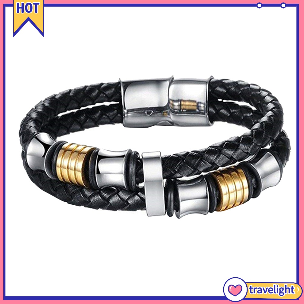 Vòng Tay Bện Dây Da Giả Hai Lớp Khóa Nam Châm Thời Trang Cho Nam