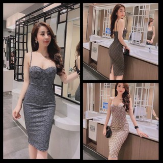Đầm body 2s họa tiết xẻ tà kèm mút sang chảnh