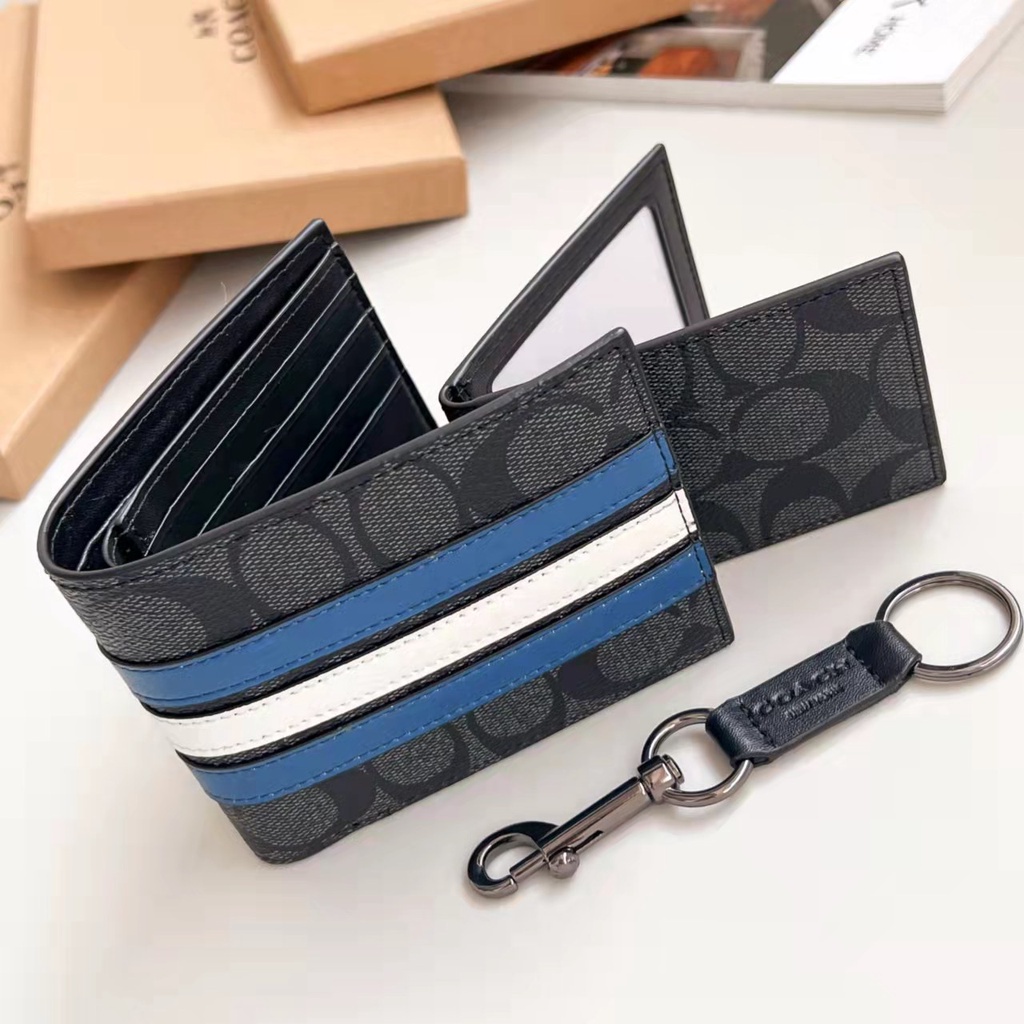 COACH Ví Da Ngắn Kẻ Sọc Có Ngăn Đựng Thẻ Thời Trang Cho Nam 26072