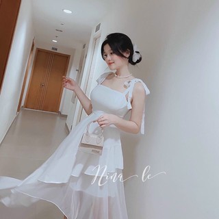 Đầm midi 2s nơ vai tà lệch