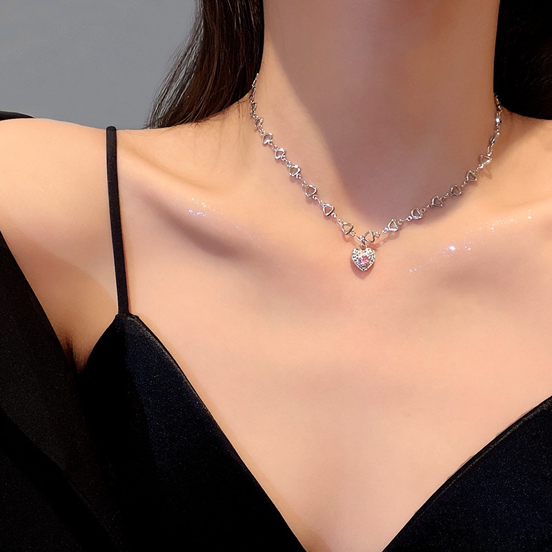 Vòng cổ Thép Titan Mặt Trái Tim Đính Đá Zircon Màu Hồng Thời Trang Cho Nữ