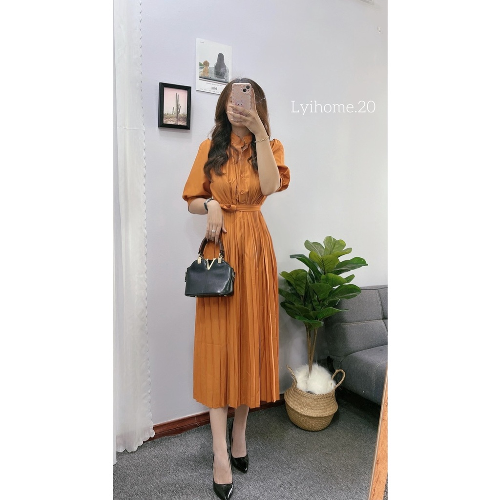 Đầm công sở Lyihome, dáng dài xếp ly cổ trụ form chuẩn phong cách Hàn Quốc trẻ trung lịch sự | BigBuy360 - bigbuy360.vn