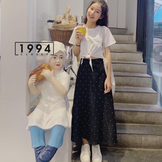 Set áo phông cột nơ eo mix chân váy chấm bi