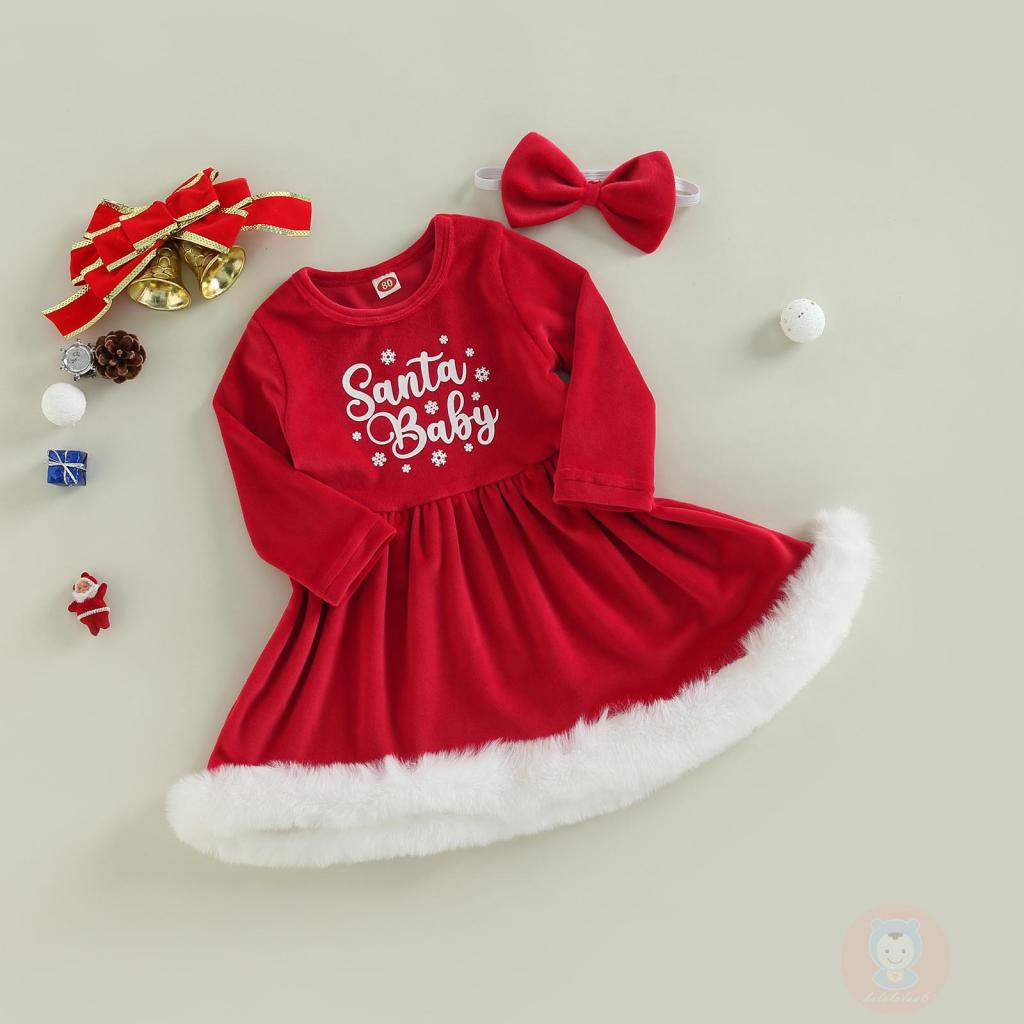 Bộ Đầm Giáng Sinh Tay Dài In Chữ Kèm Băng Đô Xinh Xắn Cho Bé Gái LAA6-G