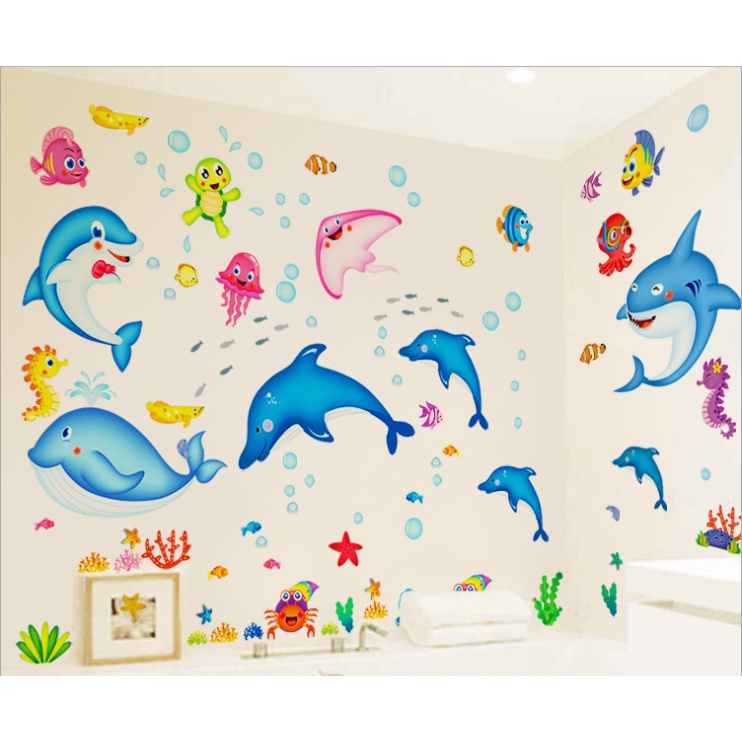 Combo 2 decal dán tường cá heo