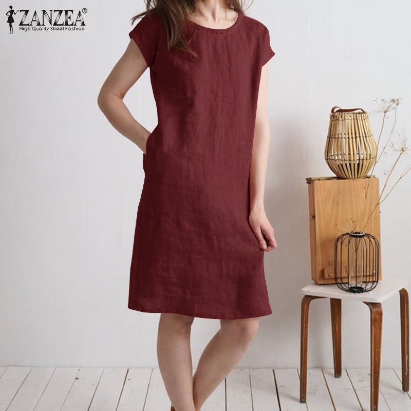 ZANZEA Đầm Mini Tay Ngắn Cổ Tròn Màu Trơn Thời Trang Cho Nữ