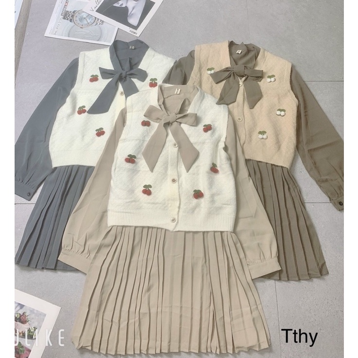 Sét gile thêu + váy nơ cổ