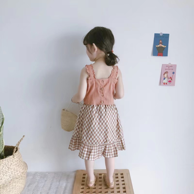 Set bộ váy con Gái Ngắn Kẻ Caro Dễ Thương Thời Trang Mùa Hè Cho Bé 1-6 Tuổi