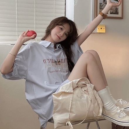 【ZHELIHANGFEI】Áo Sơ Mi Cotton Nguyên Chất Dáng Rộng Cổ POLO Họa Tiết Thêu Kiểu Retro Dễ Phối Đồ