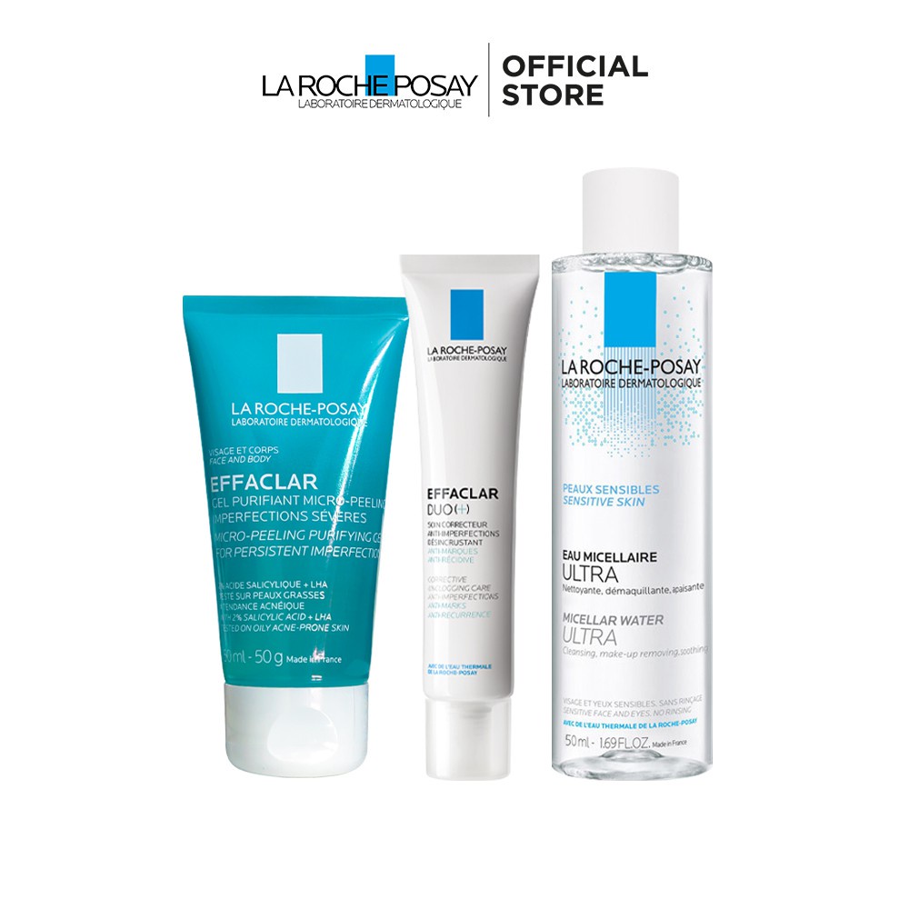 Bộ sản phẩm giảm mụn, ngăn ngừa vết thâm, làm sạch và bảo vệ da La Roche-Posay Effaclar Duo+