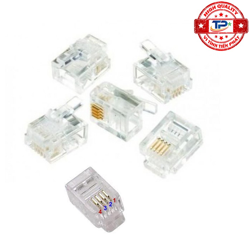 Hộp 100 đầu cáp điện thoại RJ11 nhựa 4 chân ( 4 line tim ) - Dùng hạt bấm cho dây cáp điện thoại bàn