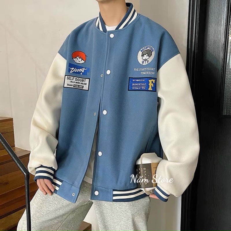 Áo khoác bomber in hình phối tay trắng unisex form rộng style ulzzang - Áo khoác bóng chày màu đen, nâu, xanh