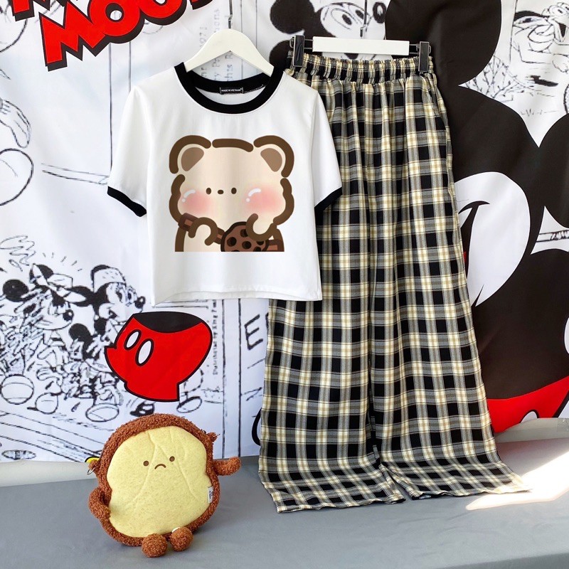 Set áo croptop + Quần Caro ống xuông