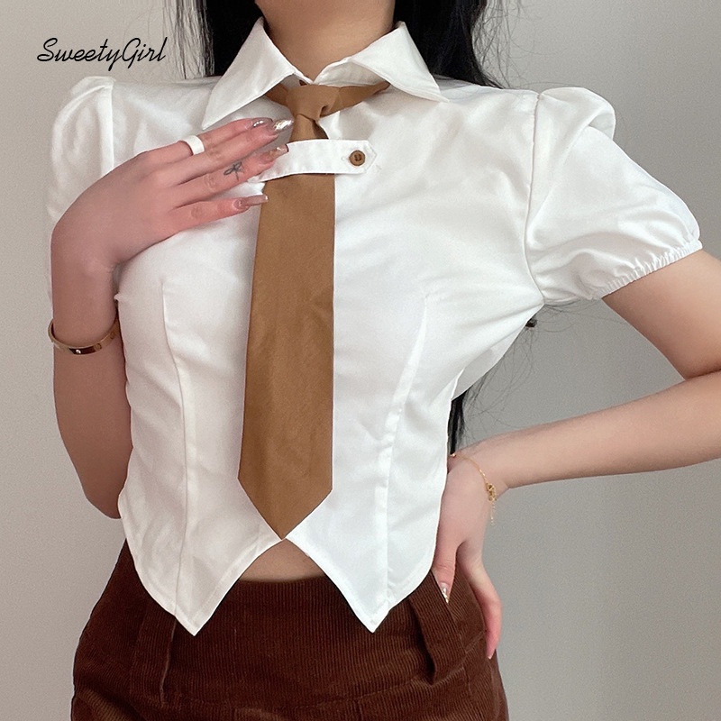 Áo Sơ Mi Cổ Bẻ Tay Ngắn Dáng Ôm Màu Trơn Phong Cách Preppy 2022 Thời Trang Cho Nữ