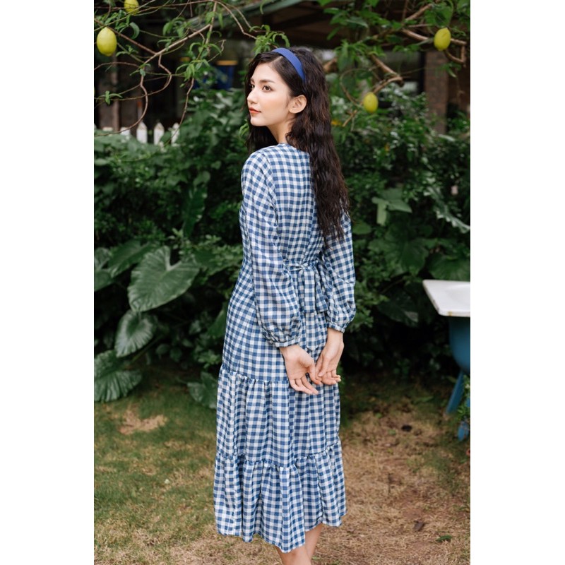 𝐁𝐞𝐥𝐥𝐚 𝐃𝐫𝐞𝐬𝐬 - Desing by momizi hoạ tiết gingham xanh dương, váy dáng dài xoè tầng