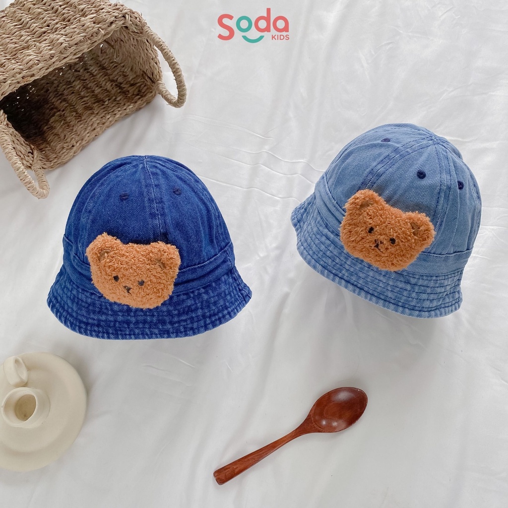 Mũ vành vải bò đính gấu nâu dành cho bé trai và bé gái 9m-2y