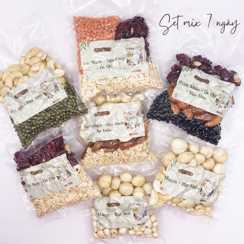 7 ngày: Macca,hạt điều,hạnh nhân,óc chó đỏ,đậu xanh,đậu đen,đậu lăng,hạt sen...