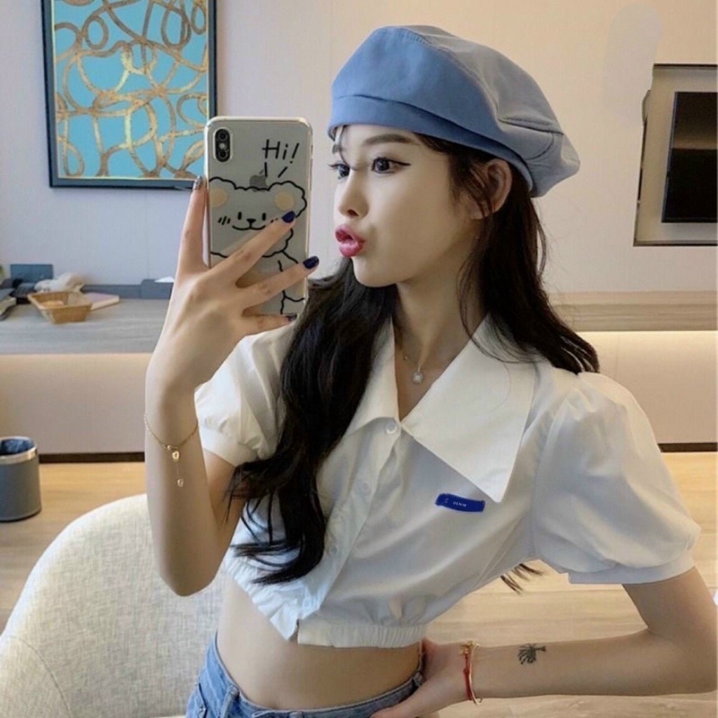 Áo Sơ Mi Nữ Kiểu Croptop Bo Chun Eo Tay Ngắn