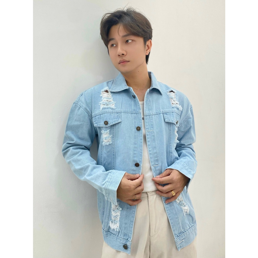 Áo khoác jean nam Hàn quốc form rộng cao cấp M Fashion phối rách xước cá tính KN02