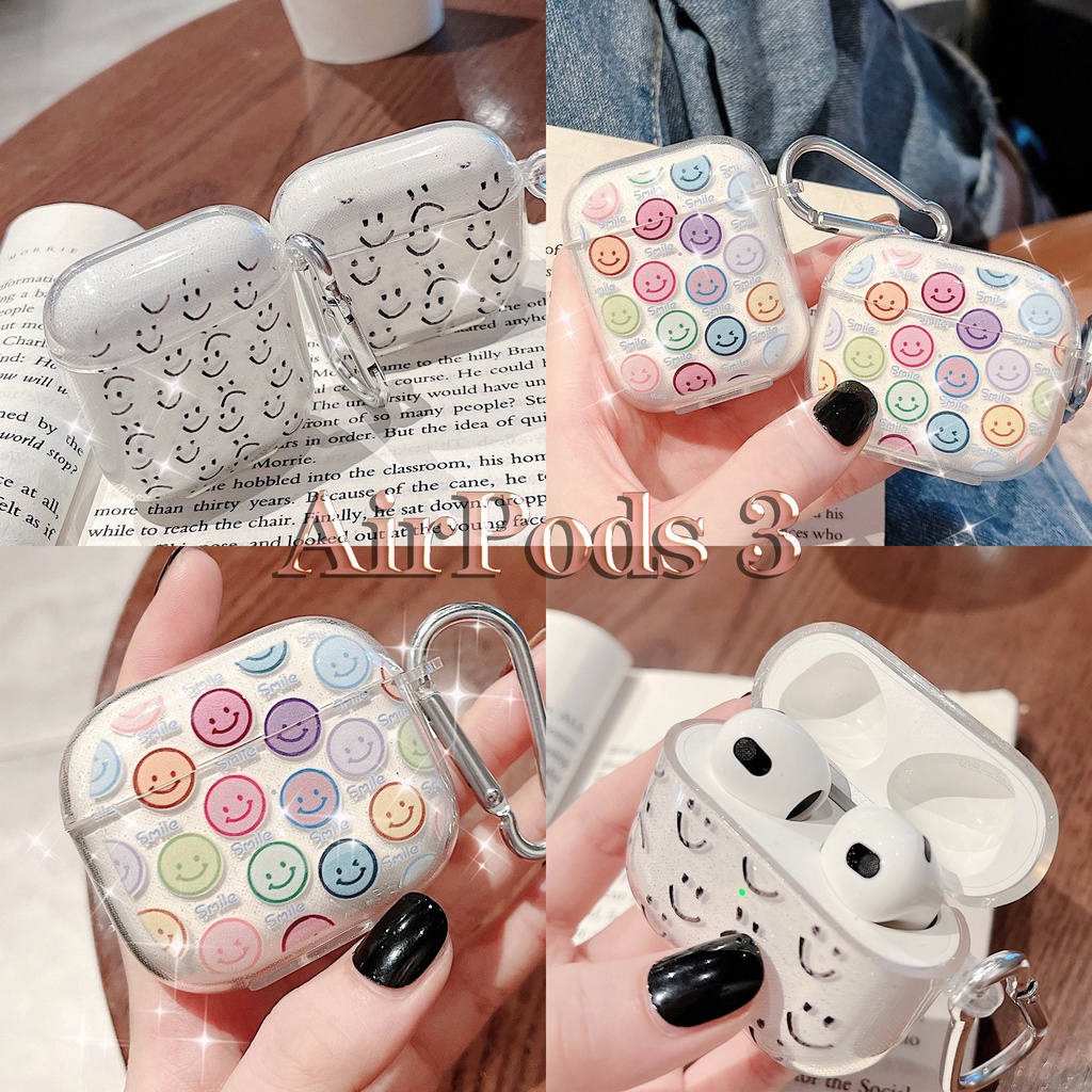 Vỏ Bảo Vệ Hộp Sạc Tai Nghe AirPods3 AirPods3 Pro 2Gen Màu Trong Suốt Lấp Lánh Họa Tiết Mặt Cười Dễ Thương Ốp