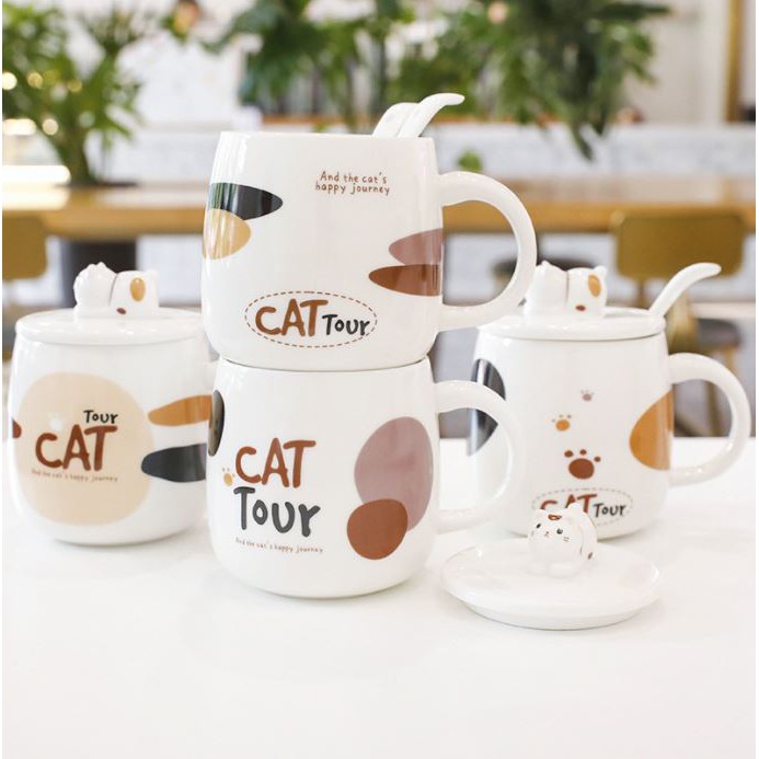 Ly cốc sứ trắng mèo Cat Tour 400ml có nắp đậy cao cấp
